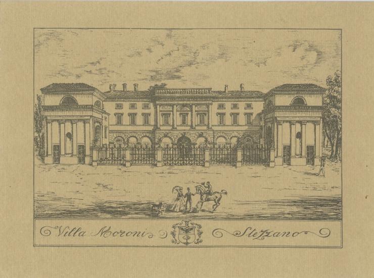 Disegno di villa elegante con giardino, cavalli e atmosfera storica.